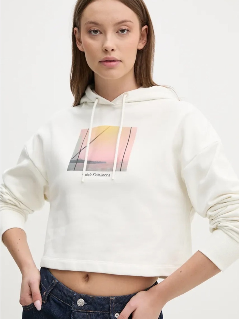 NWOT Calvin Klein Jeans Women's Cream Graphic Crop Hoodie